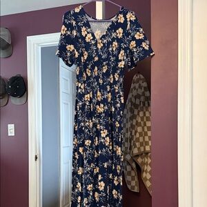 Women's Navy Floral V-Neck Maxi Dress